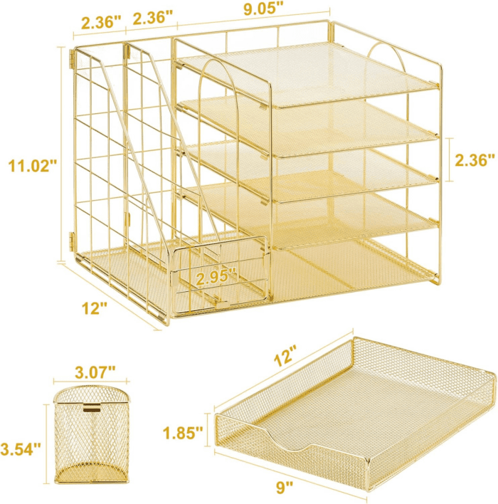 Rose Gold Desk Organizer with File Holder, 5-Tier Paper Letter Tray Organizer with Drawer and 2 Pen Holder, Mesh Desktop Organizer and Storage with Magazine Holder for Office Supplies - Image 6