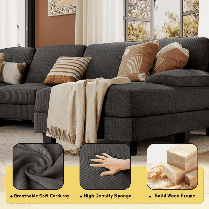 Sectional Couches for Living Room, U Shaped Couch with Chenille Fabric, 4 Seat Modern Sofa with Removable Pillows for Apartment and Small Space (Corduroy, Light Grey) - Image 5