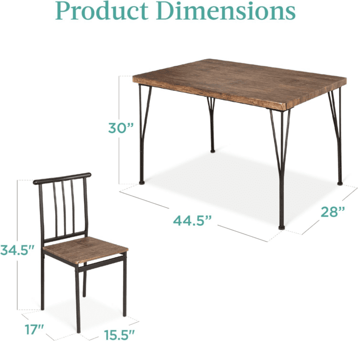 5-Piece Metal and Wood Indoor Modern Rectangular Dining Table Furniture Set for Kitchen, Dining Room, Dinette, Breakfast Nook W/ 4 Chairs - Drift Brown - Image 7