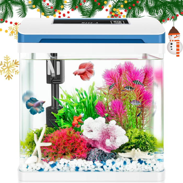 Small Fish Tank 2 Gallon Glass Aquarium Starter Kits, Desktop Betta Fish Tank Beta Fish Aquariums with Filter and Light for Betta Shrimp Guppy Jellyfish Goldfish Beta, Room Desktop Decor, Gifts