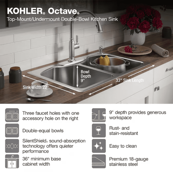 Octave Dual-Mount 33-In X 22-In Stainless Steel Double Equal Bowl 3-Hole Kitchen Sink - Image 6