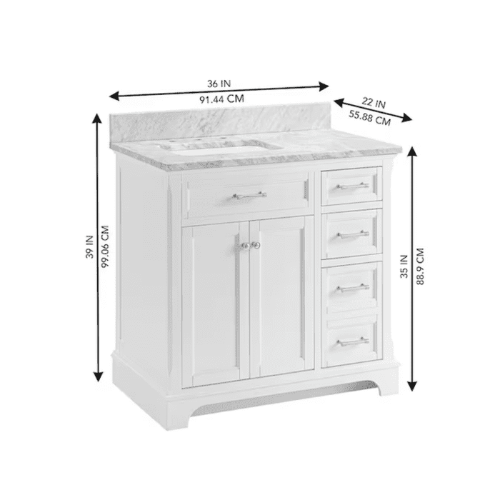 Roveland 36-In White Undermount Single Sink Bathroom Vanity with Carrara Natural Marble Top - Image 19