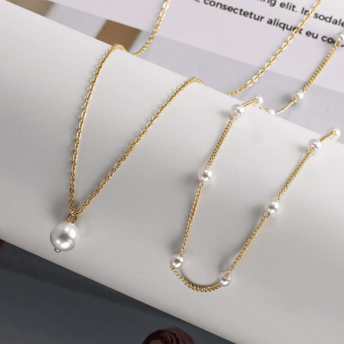 Gold Pearl Necklace for Women, 14K Gold Plated Layered Pearl Necklaces for Women Trendy Simple Herringbone Chain Pearl Necklace for Women Gold Jewelry Gifts - Image 7