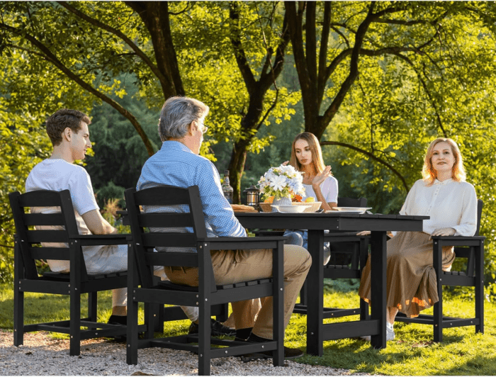 7-Piece Patio Dining Table Sets, Outdoor HDPE Dining Furniture Set with Umbrella Hole Cut-Out Table and 6 Chairs, Black - Image 8