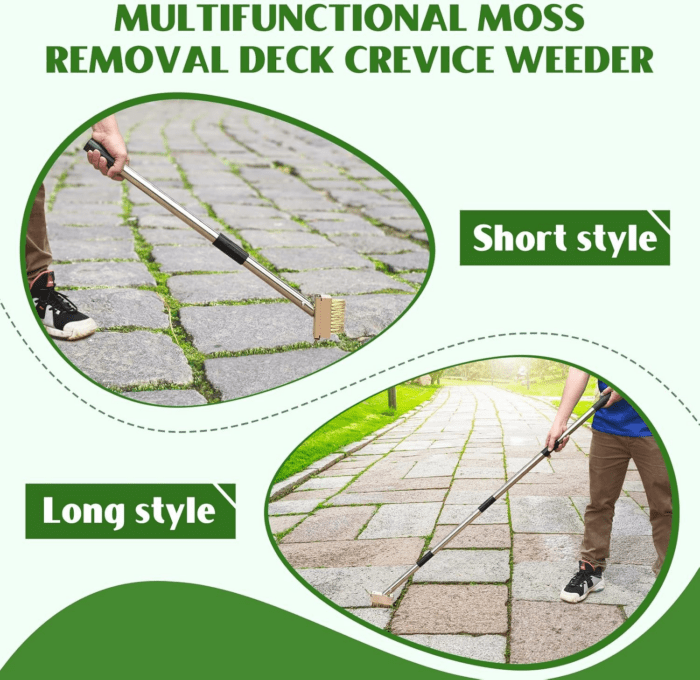 Crack Weeder, Manual Crevice Weeding Tool, Moss Weed Remover Puller Tool Grout Brush with Adjustable Stainless Steel Long Handle for Deck, Paver, Patio, Walkway, Driveway Crack - 2 Weed Brush Heads - Image 4