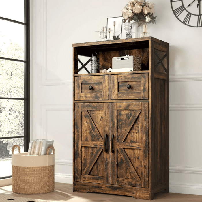 Farmhouse Storage Cabinet with Drawers and Shelves, Freestanding Kitchen Pantry Storage Cabinet, Floor Storage Cabinet Hutch Cupboard for Dining/Living Room/Home Office, Rustic Brown