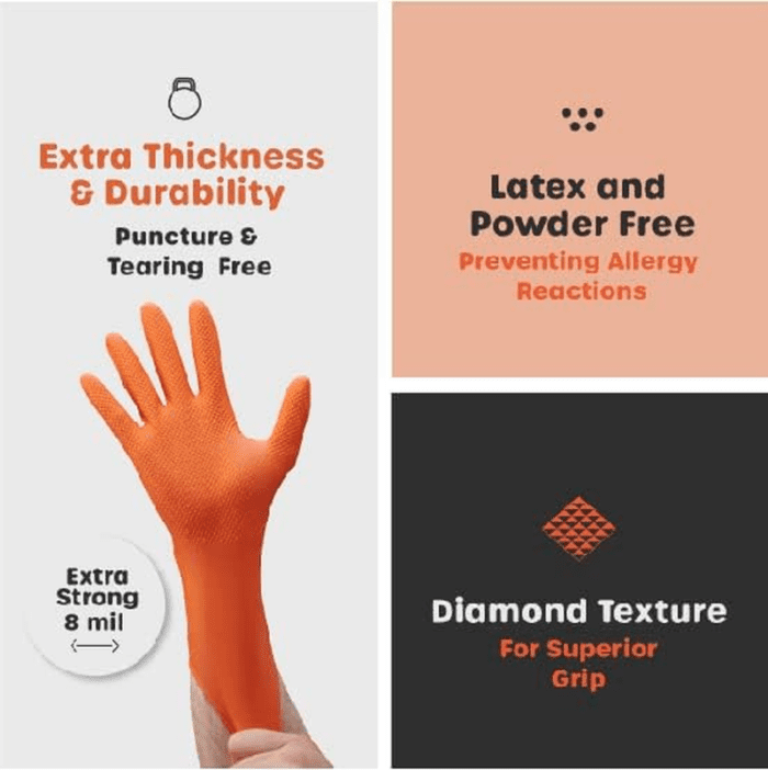 [100 Count 8 Mil HEAVY DUTY Disposable Orange Nitrile Gloves Heavy-Duty, Industrial, Diamond Texture - Image 3