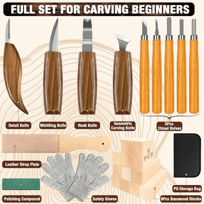 Wood Carving Kit, 23Pcs Wood Carving Tool with 4PCS Wood Carving Knives & 5PCS Detail Knives 9 Basswood Blocks & Gloves & Roll Bag & Strop Block & Polishing Compound Whittling Kit Hobbies for Adults - Image 2