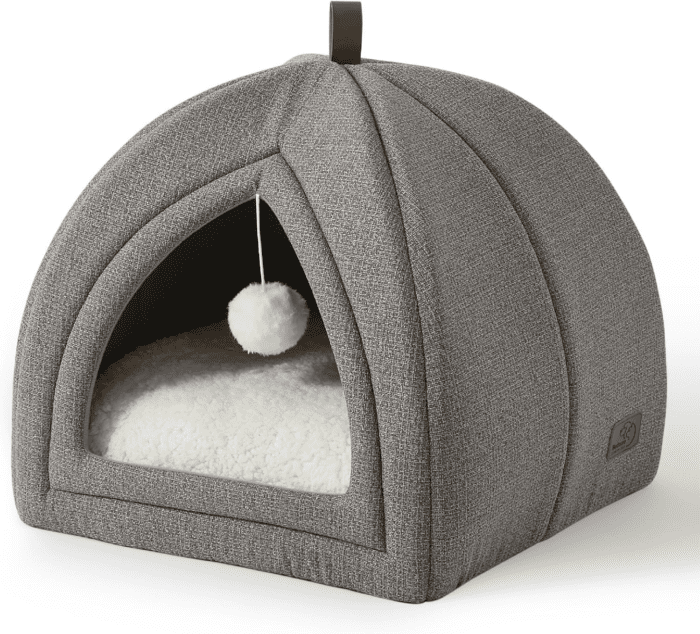 Cat Beds for Indoor Cats - 2 in 1 Cat Cave for Kittens and Small Pets, Foldable Cat House Tent with Removable Washable Cushioned Pillow, Cat Hideaway with Non-Slip Bottom, Grey, 16 Inches