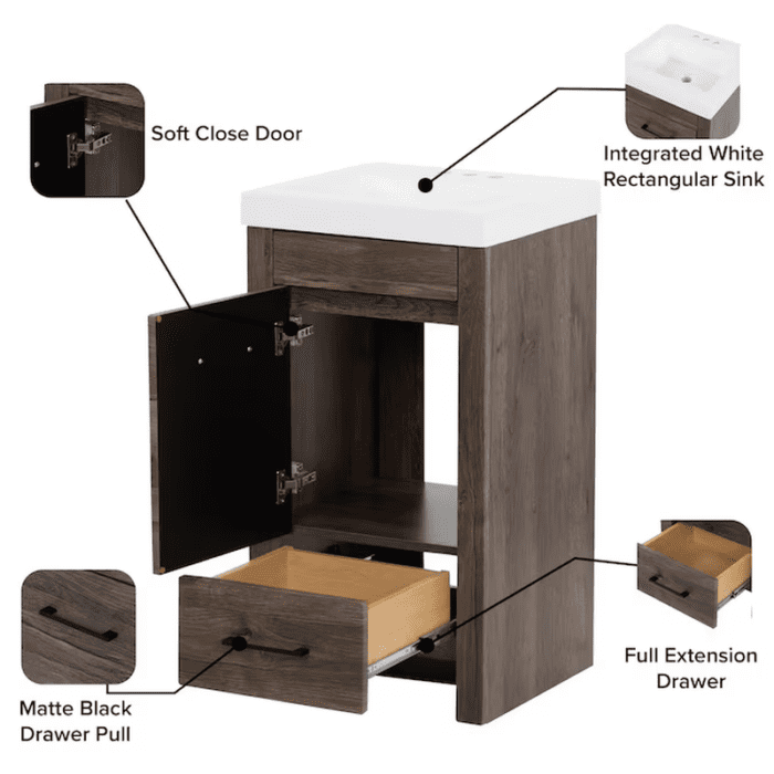 Winnie 18-In Vintage Oak Brown Woodgrain Single Sink Bathroom Vanity with White Cultured Marble Top - Image 6