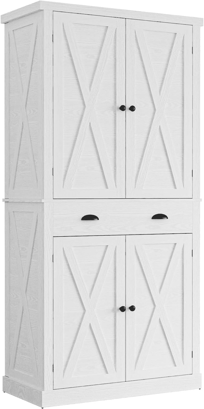 Kitchen Pantry Storage Cabinet 72.6" H, with Barn Doors, Drawer, 4 Adjustable Shelves, Freestanding Cupboard for Dining Room Living Room, Laundry, White