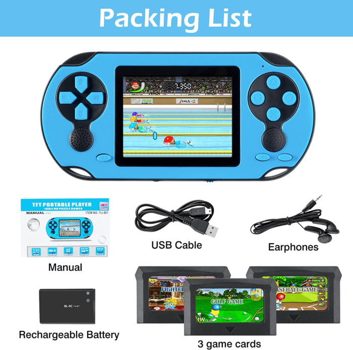 16 Bit Handheld Game for Kids Adults, 3.0'' Large Screen Preloaded 230 HD Classic Retro Video Games with USB Rechargeable Battery & 3 Game Cartridges for Birthday Gift for Kids 4-12 (Blue) - Image 7