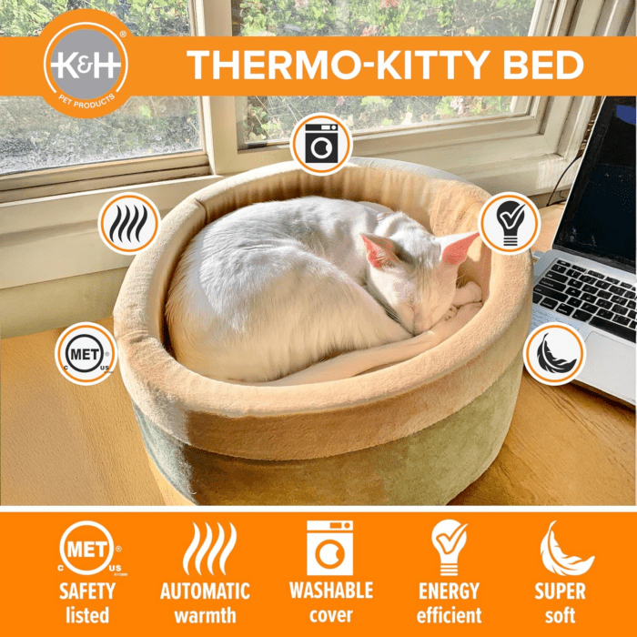 Thermo-Kitty Bed Heated Cat Bed for Indoor Cats , Electric Warming Bed for Cats and Small Dogs, Washable Thermal Plush Calming round Pet Bed - Small 16" Sage/Tan - Image 4