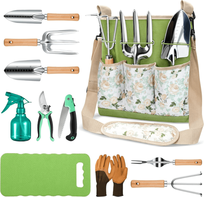 All-In-One Garden Tool Set, 11-Piece Heavy Duty Gardening Tools with Ergonomic Canvas Shoulder Crossbody Bag, Rust-Proof Premium Garden Tool Kit, Gardening Gift for Women Men