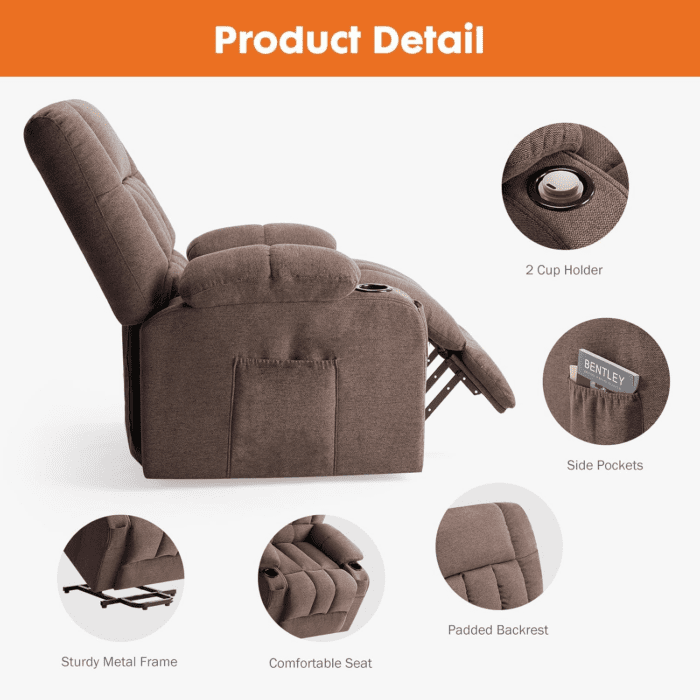 Recliner Chair, Reclining Massage Chair with Heat, Home Theater Seating with Lumbar Support, Adjustable Electric Power Lift Chair with Cup Holders Remote Control for Living Room, Brown - Image 7