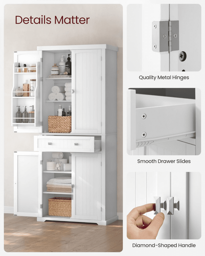 Pantry Cabinet, 15.7 X 30 X 71.7 Inches, Freestanding Tall Cupboard Storage Cabinet with a Drawer, 2 Cabinets, 4 Adjustable Shelves, 6 Door Shelves, Living Room, Kitchen, White UBBC561P31V2 - Image 8