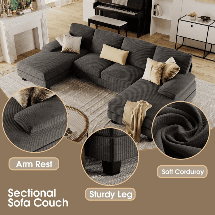 Sectional Couches for Living Room, U-Shaped Sofa Couch with Soft Corduroy, 4 Seat Sofa Set with Double Chaise for Apartment (Corduroy, Dark Grey) - Image 5