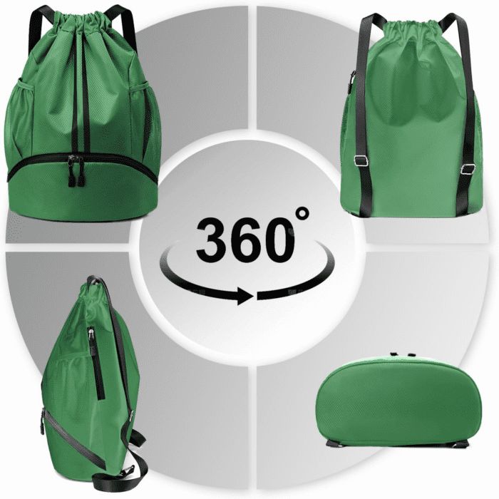 Sports Drawstring Backpack - String Swim Gym Bag with Shoes Compartment and Wet Proof Pocket for Women/Men (Dark Green) - Image 7