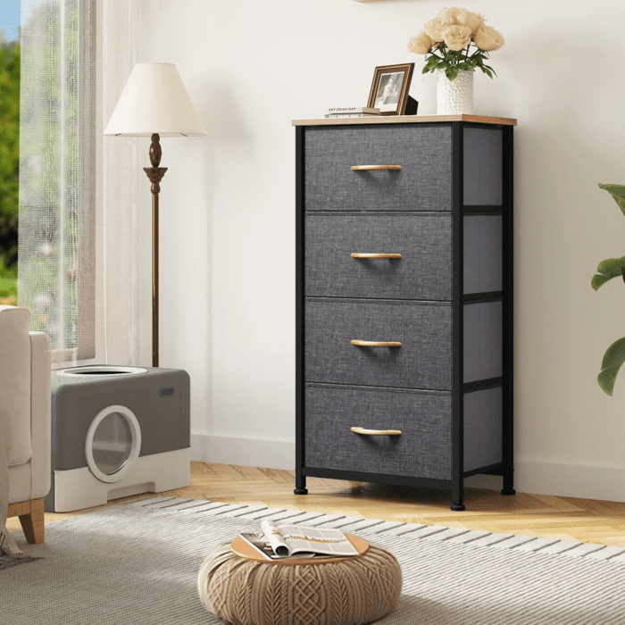 4 Drawers Dresser, Small Dresser for Bedroom, Fabric Storage Tower, Chest of Drawers, Organizer Unit for Closets, Living Room, Sturdy Steel Frame, Wooden Top, Easy Pull Handle - Image 2