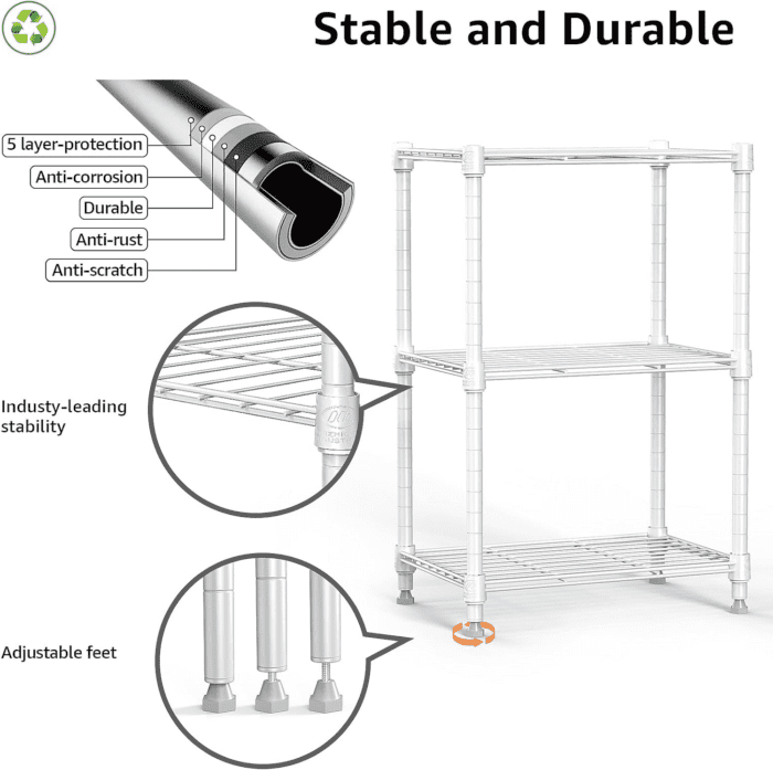 MZG 450 Lbs Wire Storage Shelving 3-Tier Utility Shelving Unit Steel Organizer Wire Rack for Home,Kitchen,Office,White (11.8" D X 17.7" W X 26.3" H) - Image 3