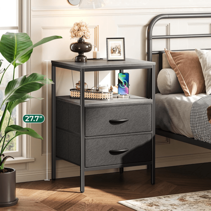 Night Stand with Charger Station, 27.7 Inch Tall Nightstand, Bed Side Table with 2 Fabric Drawers, Fabric Drawer Dresser for Bedroom, Living Room, Grey - Image 2