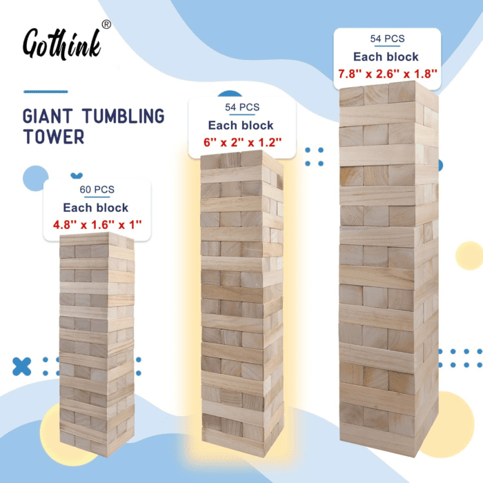 Giant Tumble Tower Game, Large Tumbling Tower Stack to over 4 FT 54Pcs Wooden Jumbo Blocks for outside Yard Games with Carry Case Timber Stacking Game Night Toy Gift for Kids Adults Family - Image 8