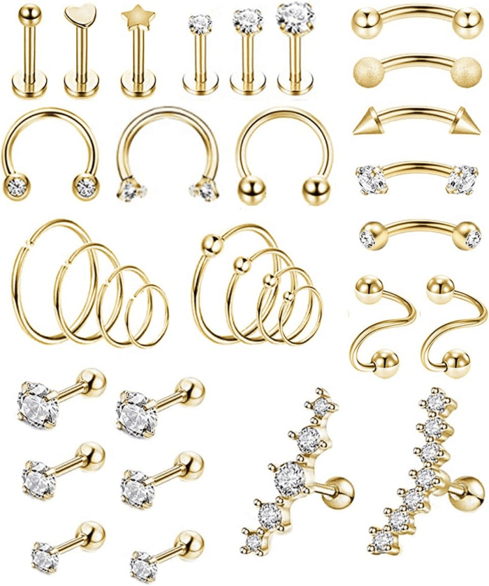 32Pcs Stainless Steel Cartilage Stud Earrings for Women Conch Helix Tragus Daith Conch Hoop Earing Piercing Jewelry Set