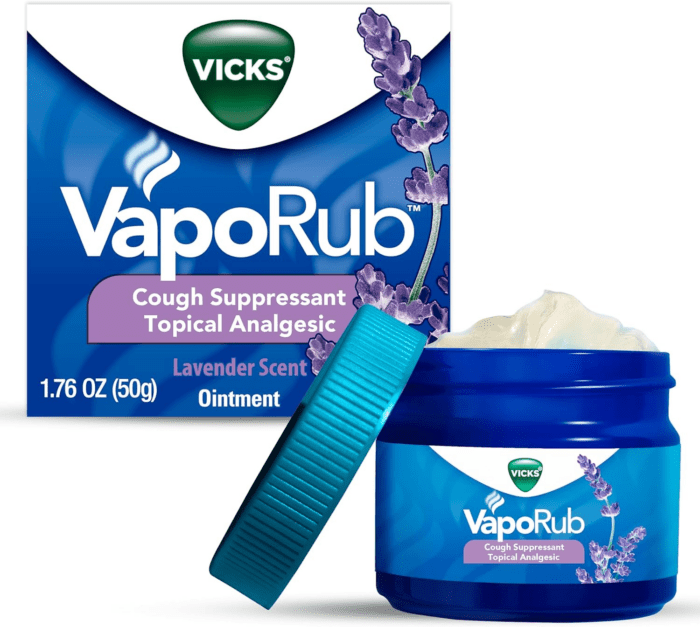 Vaporub, Lavender Scent, Cough Suppressant, Topical Chest Rub & Analgesic Ointment, Medicated  Vapors, Relief from Cough Due to Cold, Aches & Pains, 1.76Oz