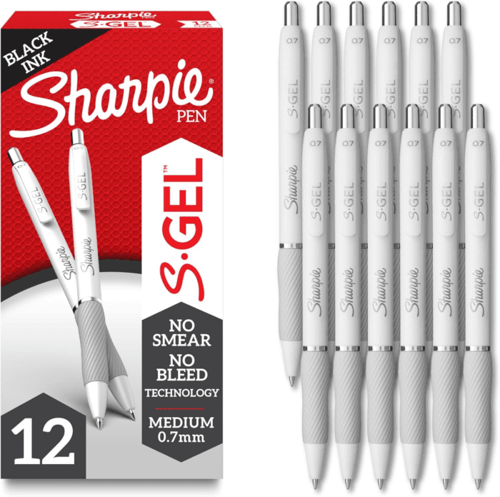 S-Gel, Gel Pens, Drawing Pens, Gel Ink Pens for Journaling, Writing Pens, Coloring Pens, Medium Point Pens (0.7Mm), Pearl White Body, Black Ink Gel Pen, 12 Count