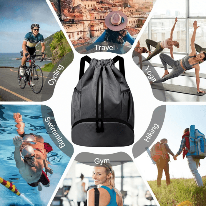 Sports Drawstring Backpack - String Swim Gym Bag with Shoes Compartment and Wet Proof Pocket for Women/Men (Dark Grey) - Image 9