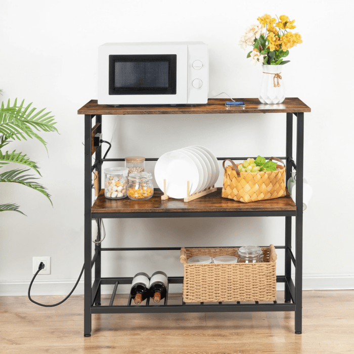 Kitchen Island with Storage, Kitchen Island Table with Power Outlet, 35.4" L 3 Tier Coffee Station and Microwave Stand, for Home, Kitchen and Dining Room, Rustic Brown and Black BF021ZD01 - Image 5