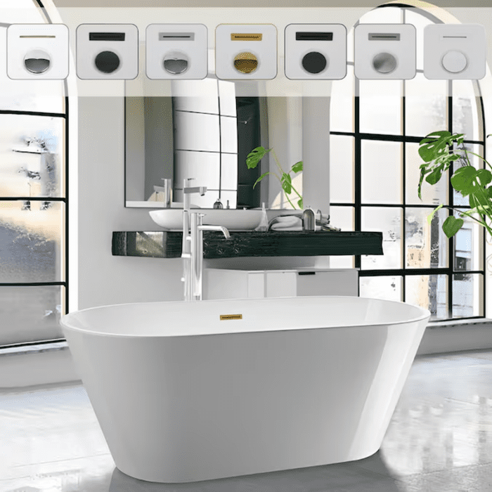 29.5-In X 59-In White/Polished Chrome Acrylic Oval Freestanding Soaking Bathtub with Drain (Center Drain) - Image 14