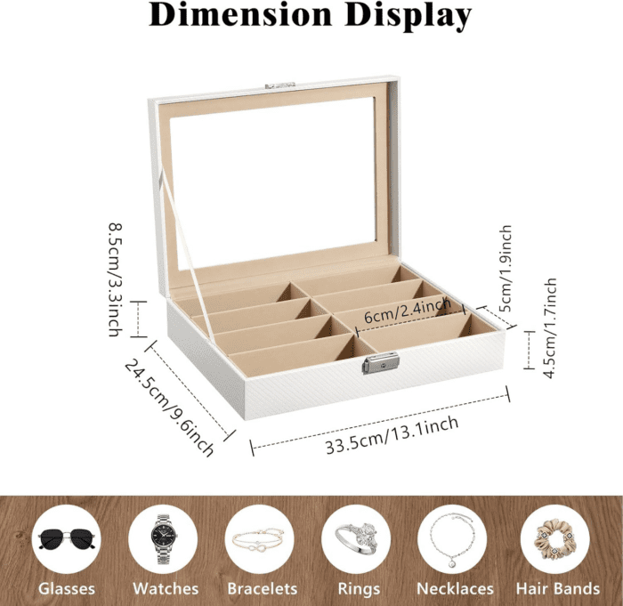 Sunglasses Organizer with 8 Slots, Leather Sunglass Display Collection Holder Case with Drawer Clear Glass Lid, Lockable Eyeglass Glass Jewelry Watch Storage Box for Women Men, White - Image 6