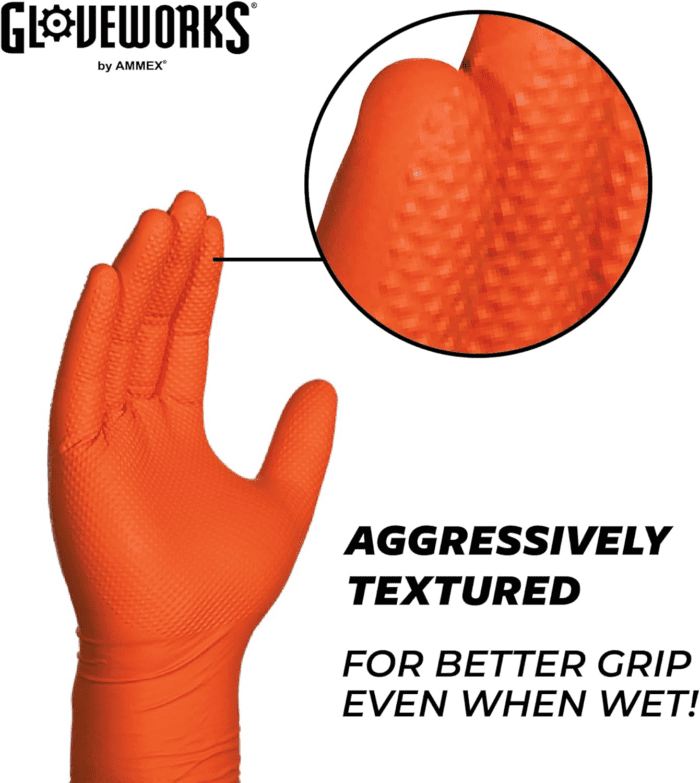 HD Orange Nitrile Gloves, 8 Mil Nitrile Disposable Gloves with Raised Diamond Texture, Mechanic Gloves Disposable - Image 4