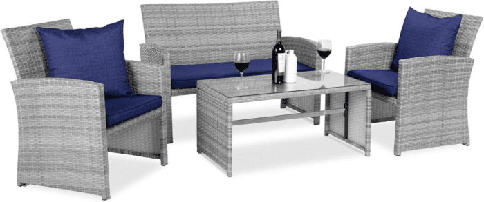 4-Piece Outdoor Wicker Patio Conversation Furniture Set for Backyard W/Coffee Table, Seat Cushions - Gray/Navy