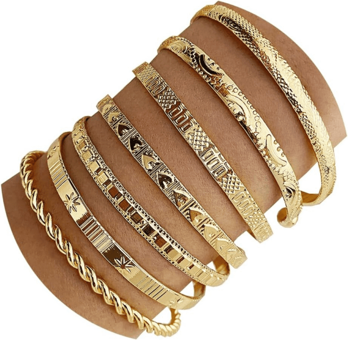 Gold Bangle Bracelets for Women, 14K Gold Plated Multi Layer Stackable Cuff Bracelet Set, Trendy Elegance Charms Non Tarnish Minimalist Textured Boho Jewelry Gift for Women