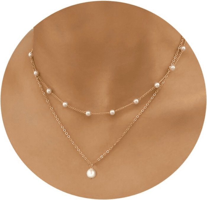 Gold Pearl Necklace for Women, 14K Gold Plated Layered Pearl Necklaces for Women Trendy Simple Herringbone Chain Pearl Necklace for Women Gold Jewelry Gifts