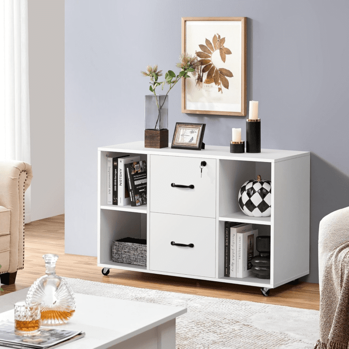 White File Cabinet Mobile Letter Size File Cabinet with 2 Drawers and 4 Open Storage Shelves Large Mobile Lateral Filing Cabinet Printer Stand for Home and Office - Image 6