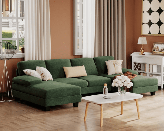 Sectional Couches for Living Room, U-Shaped Sofa Couch with Linen Fabric, 4 Seat Sofa Set with Double Chaise for Apartment (Fabric, Green) - Image 7