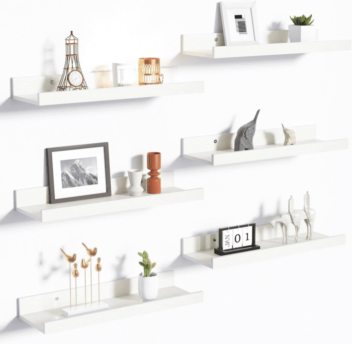 Floating Shelves for Wall, Wall Shelves for Decor Storage Set of 6, Wall Mounted Wood Shelves for Bedroom, Living Room, Bathroom, Kitchen, Picture Ledge Shelves, White