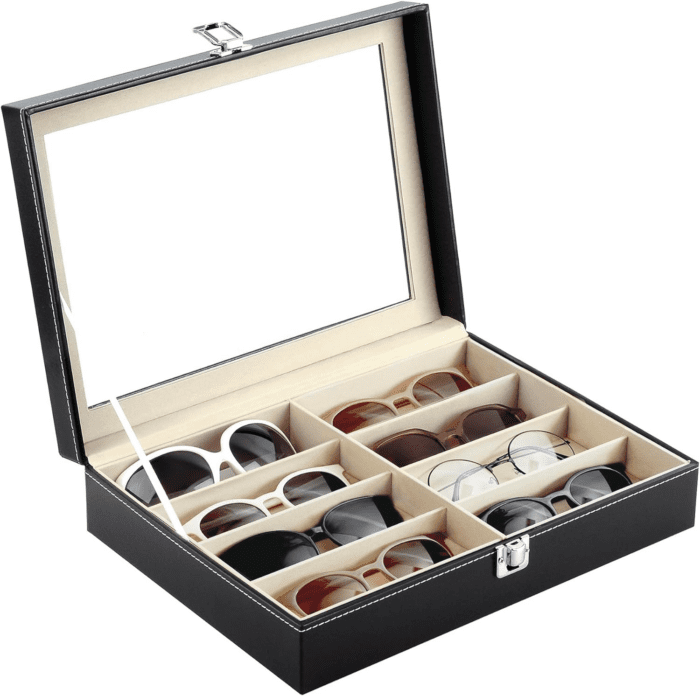 8 Slot Sunglass Organizer Leather Eyeglasses Collector Eyewear Display Case Storage Box, Black