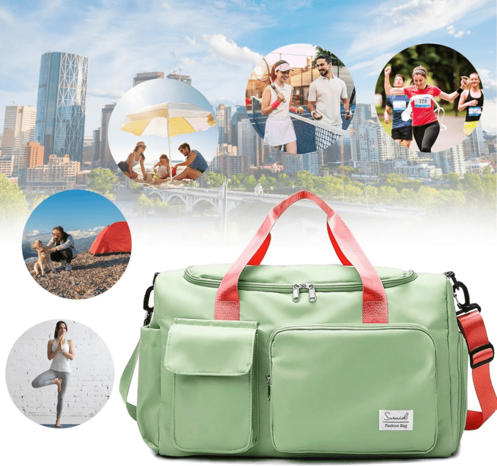 Travel Duffel Bag with Shoes Compartment Sports Gym Bag with Dry Wet Separated Pocket for Men and Women, Overnight Bag Weekender Bag Training Handbag Yoga Bag - Bright Green Pink - Image 7