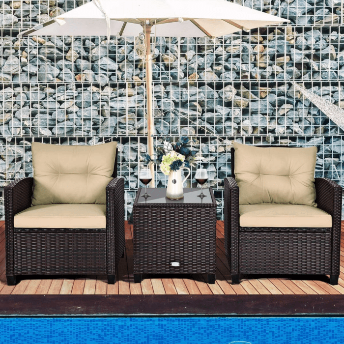 3 Pieces Patio Furniture Set, PE Rattan Wicker 3 Pcs Outdoor Sofa Set W/Washable Cushion and Tempered Glass Tabletop, Conversation Furniture for Garden Poolside Balcony (Beige) - Image 2