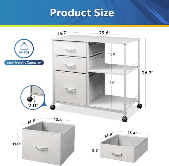 3 Drawer Mobile File Cabinet, Rolling Printer Stand with Open Storage Shelf, Fabric Lateral Filing Cabinet Fits A4 or Letter Size for Home Office, White - Image 3