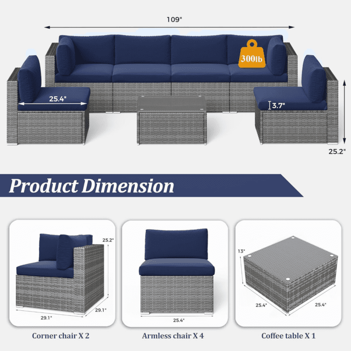 7 Piece Patio Furniture Sets All Weather Grey PE Wicker Couch Sofa with Glass Table, Removable Navy Blue Cushions - Image 5