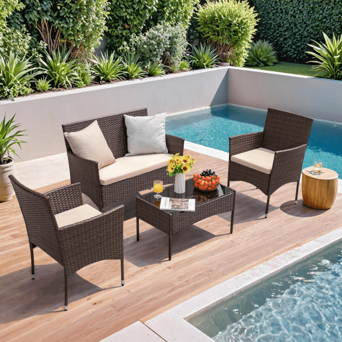 4 Pieces Outdoor Patio Furniture Sets Rattan Chair Wicker Set, Outdoor Indoor Use Backyard Porch Garden Poolside Balcony Furniture Sets Clearance (Brown and Beige) - Image 5