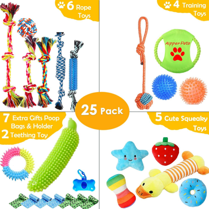 Dog Puppy Toys 25 Pack,Puppy Chew Toys for Fun and Teeth Cleaning,Dog Squeak Plush Toys, Squeaky Toy Balls, Tug of War Toys, Puppy Teething Toys, Dog Rope Toys Pack for Puppy to Small Dogs - Image 2