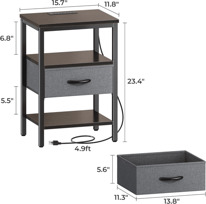 Nightstand with Charging Station, Bed Side Table with Adjustable Fabric Drawer, Night Stand for Bedroom, 3-Tier Storage End Table, for Living Room - Walnut - Image 3