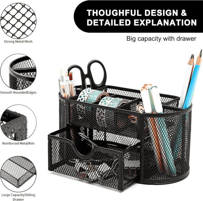 Mesh Desk Organizer Desktop Office Supplies Multi-Functional Caddy Pen Holder Stationery with 8 Compartments and 1 Drawer for Office, Home, School, Classroom (Black) - Image 2