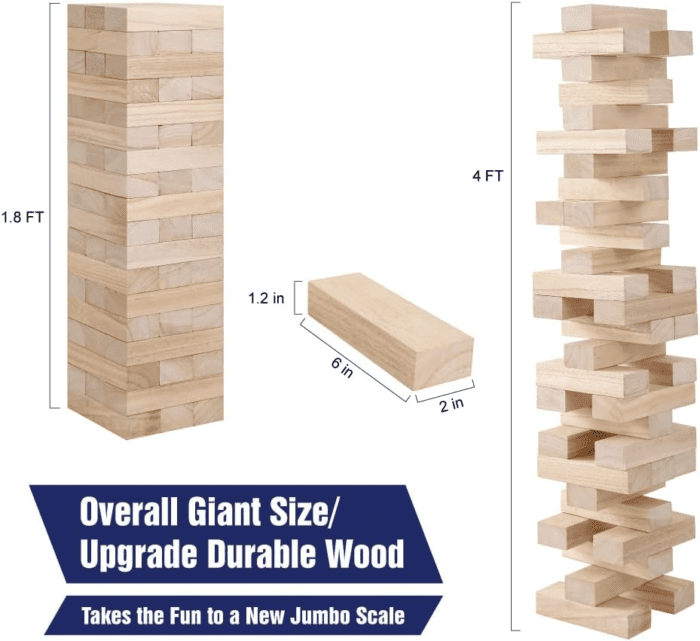 Giant Tumble Tower Game, Large Tumbling Tower Stack to over 4 FT 54Pcs Wooden Jumbo Blocks for outside Yard Games with Carry Case Timber Stacking Game Night Toy Gift for Kids Adults Family - Image 2